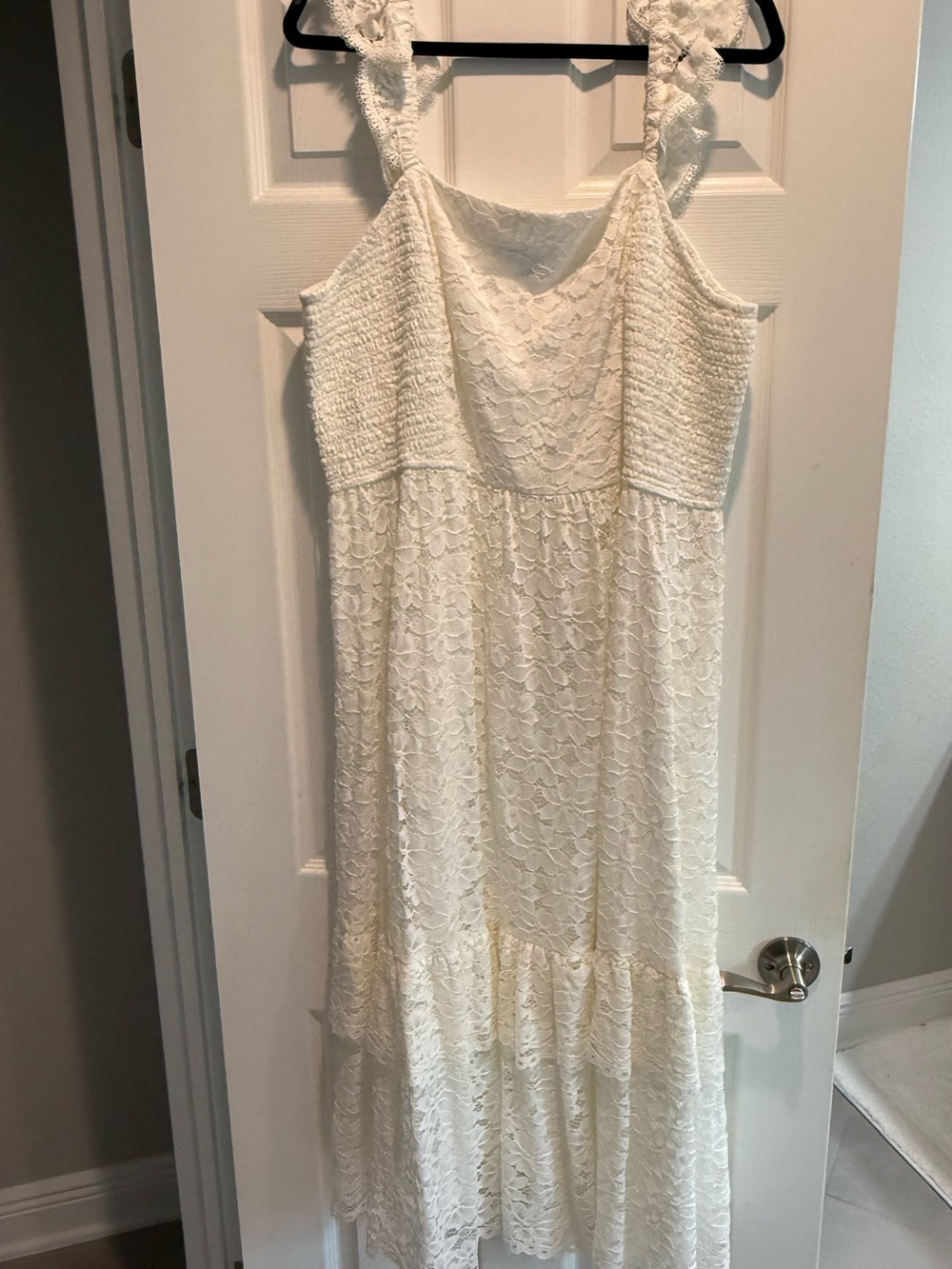 Draper James White Lace Midi Dress with Ruffle Straps